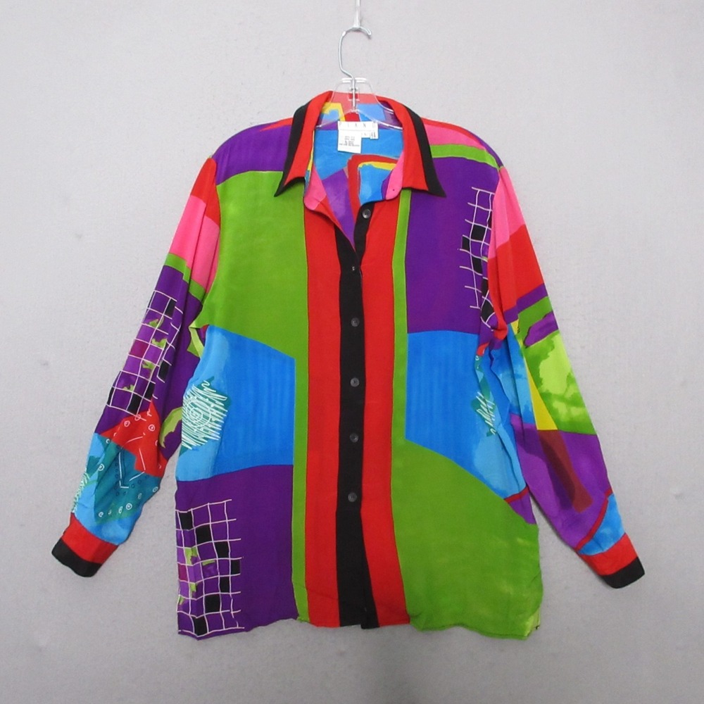 Vintage Piano Top Large Silk Colorful Bright Rare Artsy Statement 80s Button Up‎